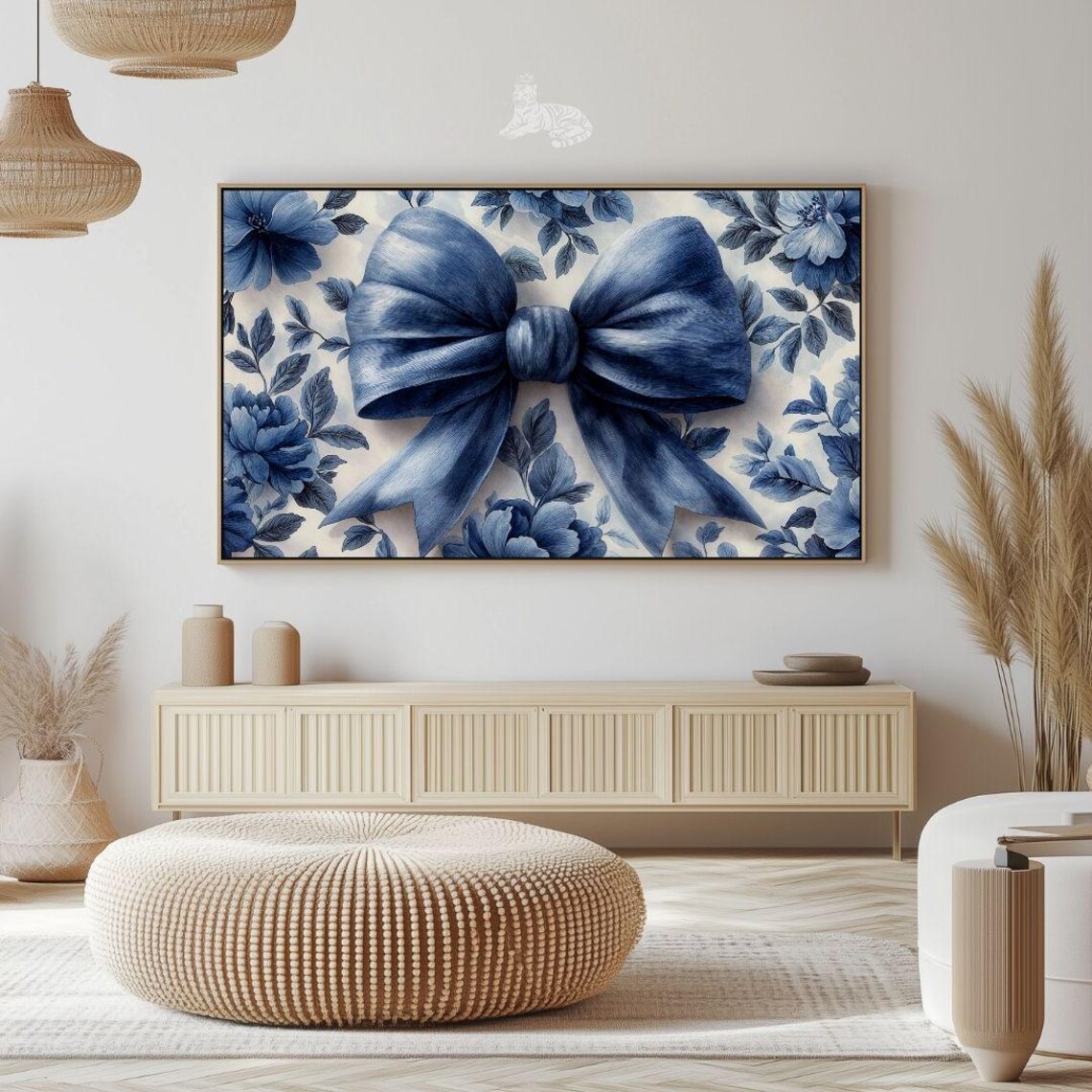 Navy Blue Bow Blue Floral Watercolor Coquette Romantic Ribbon Wall Art - Image 2