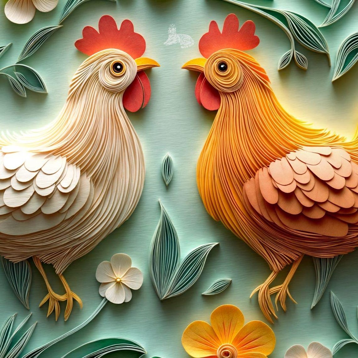 Paper Quilling Chickens Floral Folk Art Spring Rooster Chicken Poster - Image 4