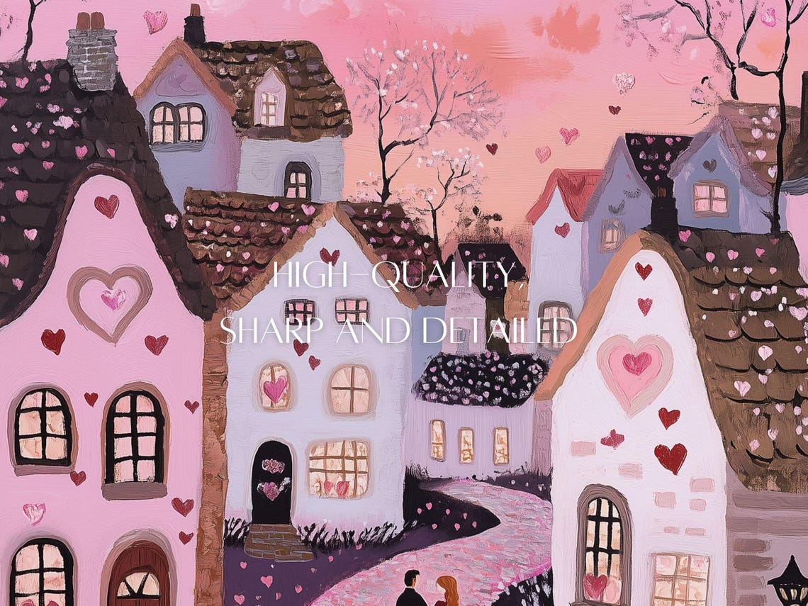 Valentine's Pink Town Night Couple on Heart Petal Path Scene Poster - Image 3