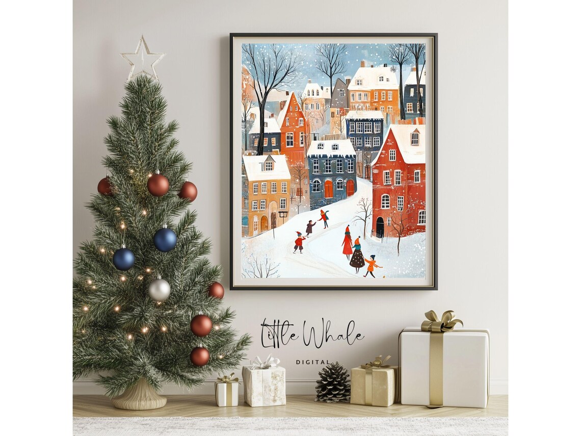 Snowy Christmas Village Kids Playing Among Colorful Houses Wall Art - Image 3