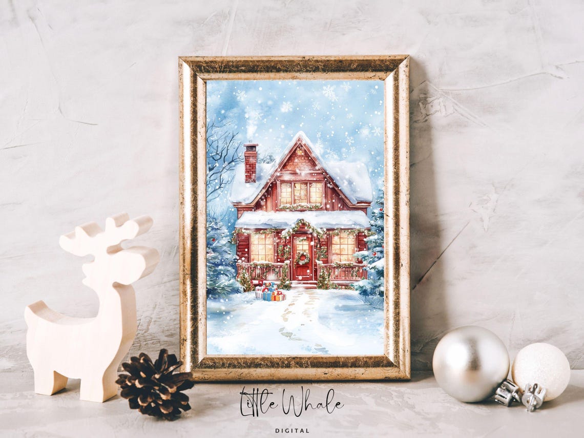 Cozy Red Cabin in the Snow with Gifts and Glowing Windows Poster - Image 2