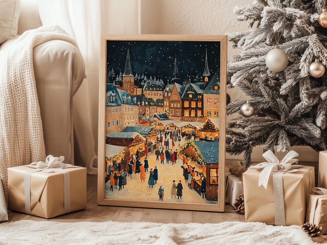 European Christmas Market At Night In A Snowy Old Town Poster - Image 2