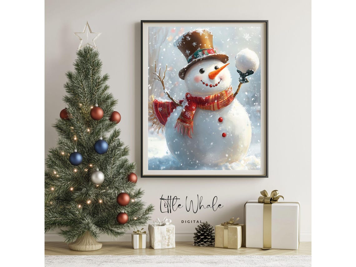 Cute Snowman with Top Hat and Red Scarf Holding Snowball Poster - Image 4