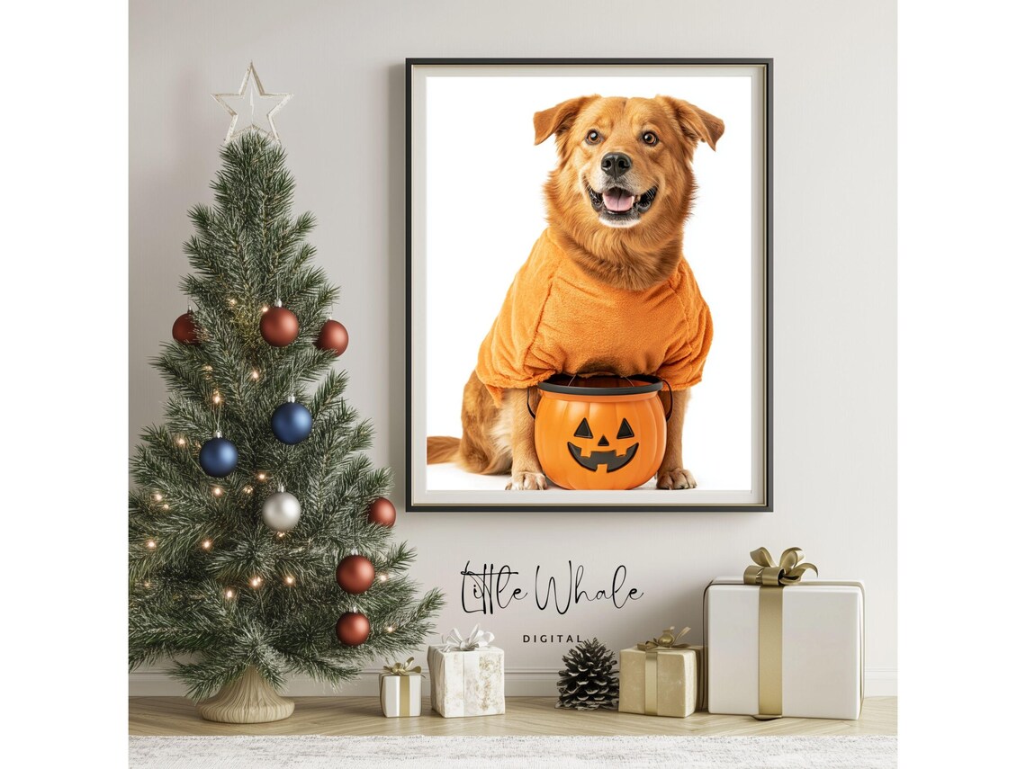 Happy Brown Dog in Pumpkin Costume Holding Halloween Candy Bucket Poster - Image 3