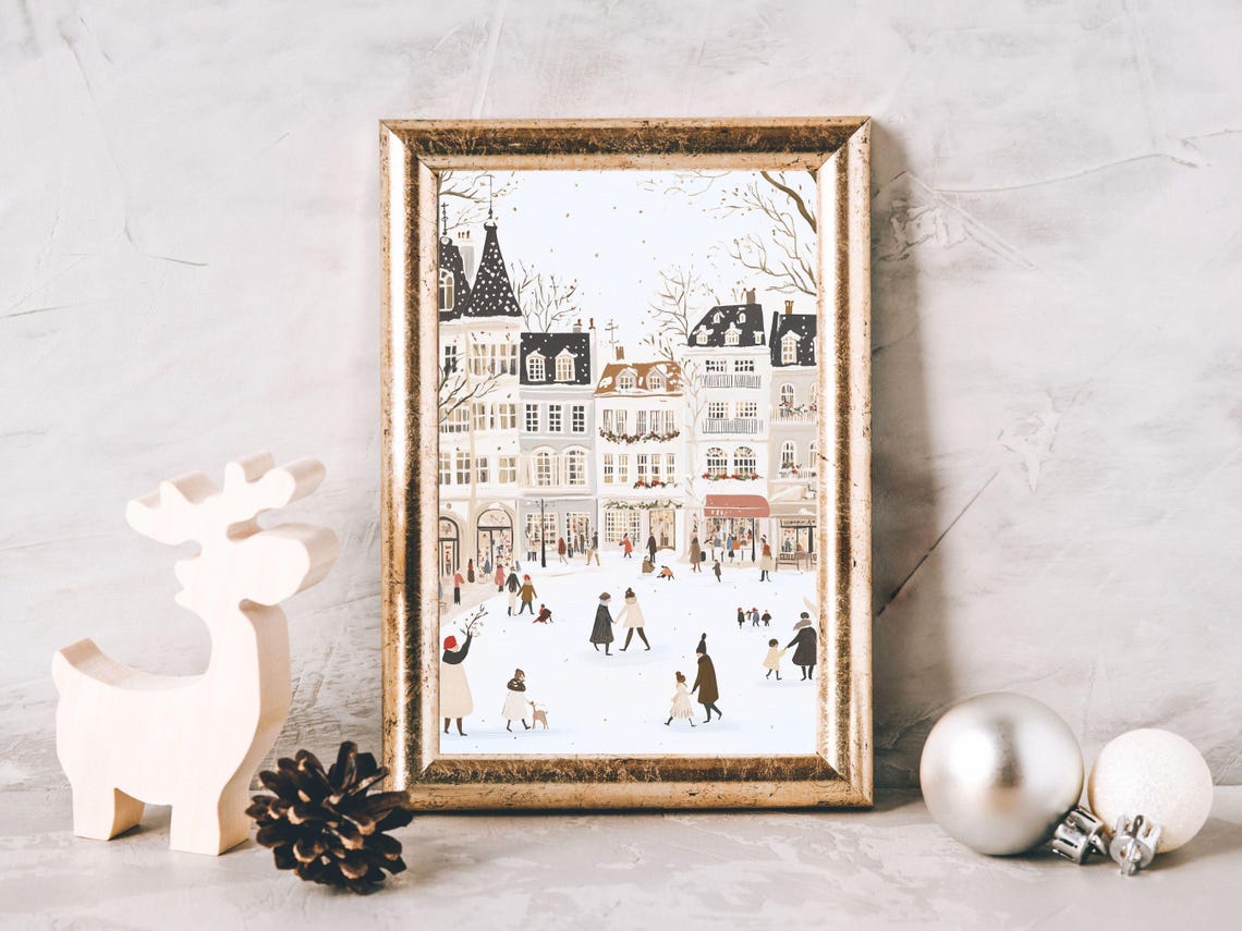 Snowy European City Square With Shoppers Festive Winter Day Poster - Image 3