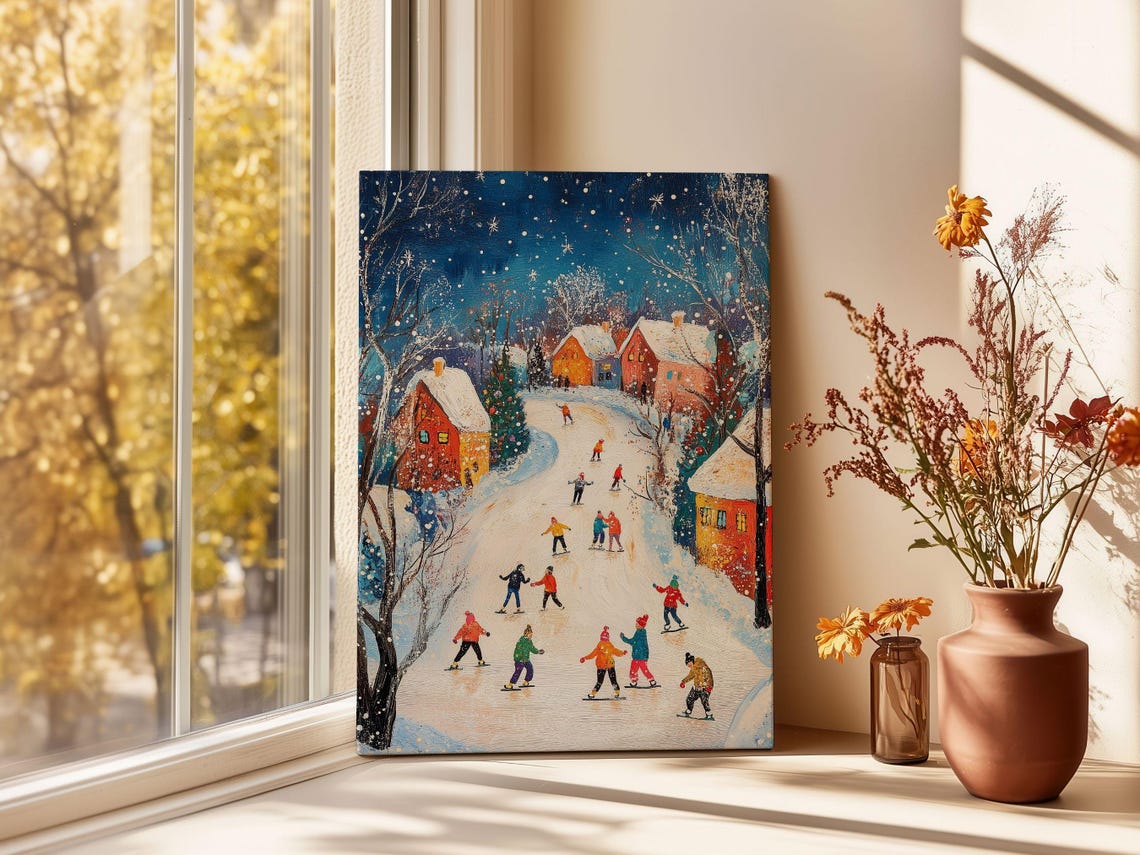 Magical Night Ice Skating Scene In A Snowy Christmas Village Poster - Image 2