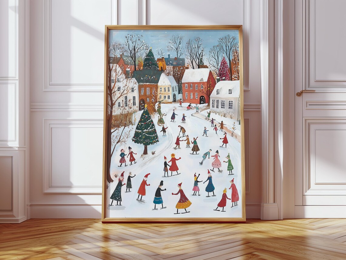 Village Ice Skaters In A Snowy Town Square Joyful Winter Poster