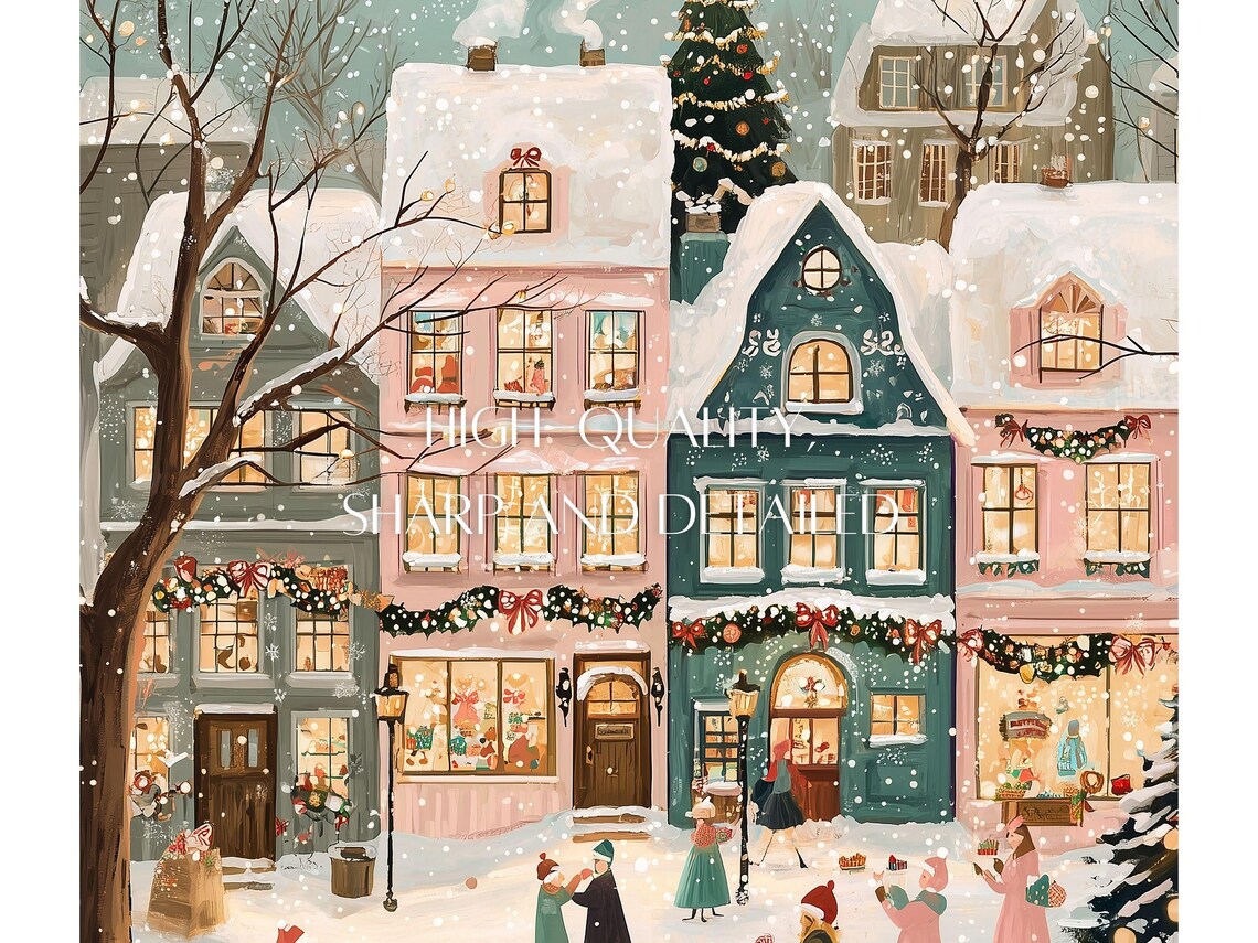 Pink Christmas Town Square With Carolers Snowy Holiday Scene Poster - Image 2