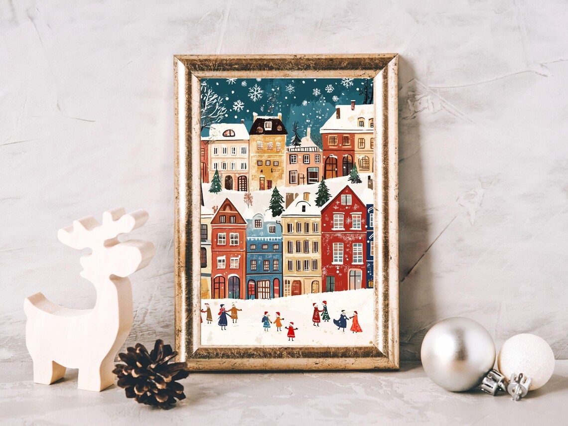 Snowy Night Village Folk Art Scene with Snowflakes and Carolers Poster - Image 2