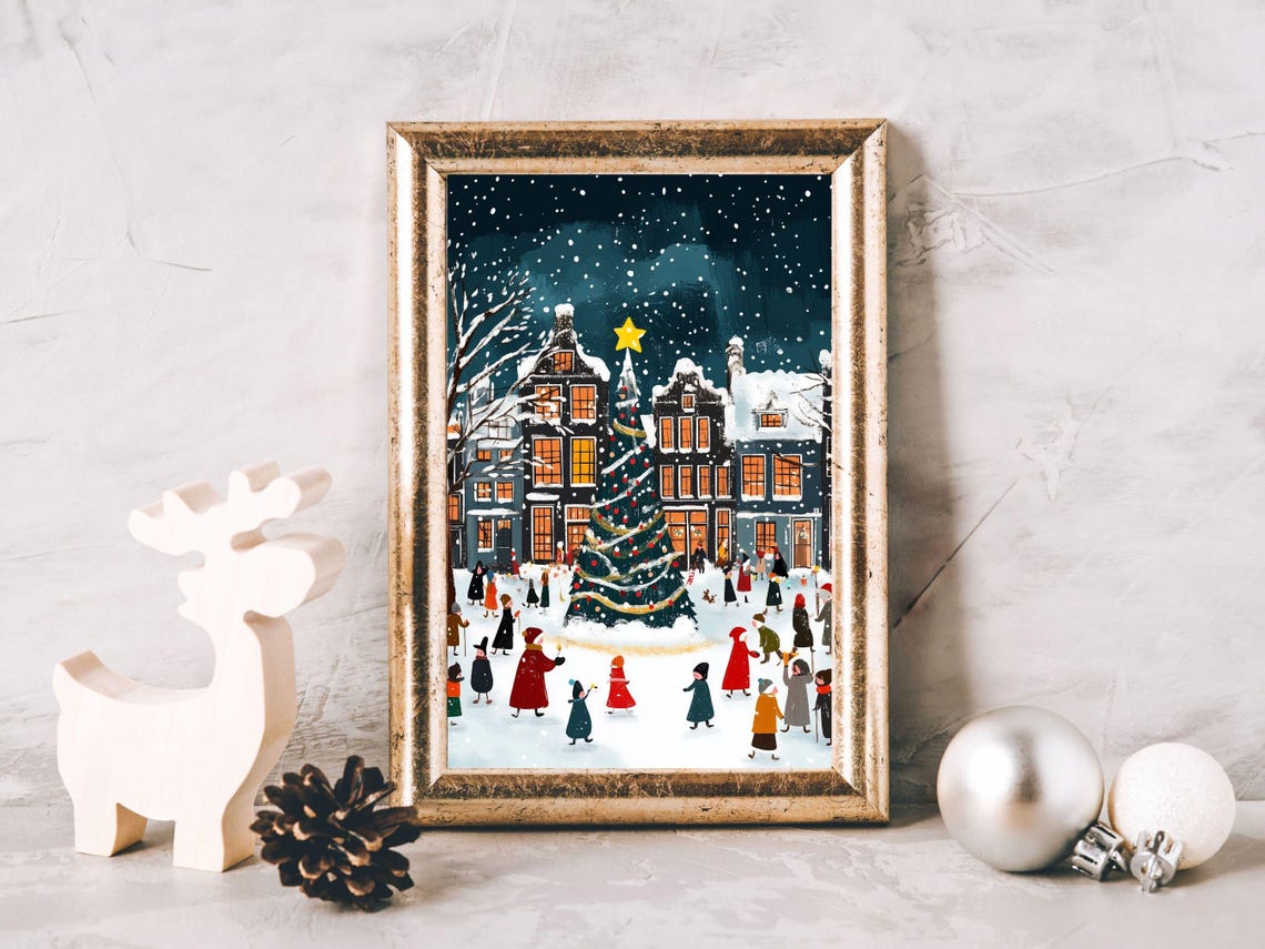 Christmas Tree Town Square Night Scene with Twinkling Lights Poster - Image 2