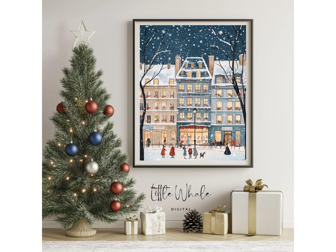 Retro Parisian Street In Snow At Night Vintage Winter City Poster - Image 3