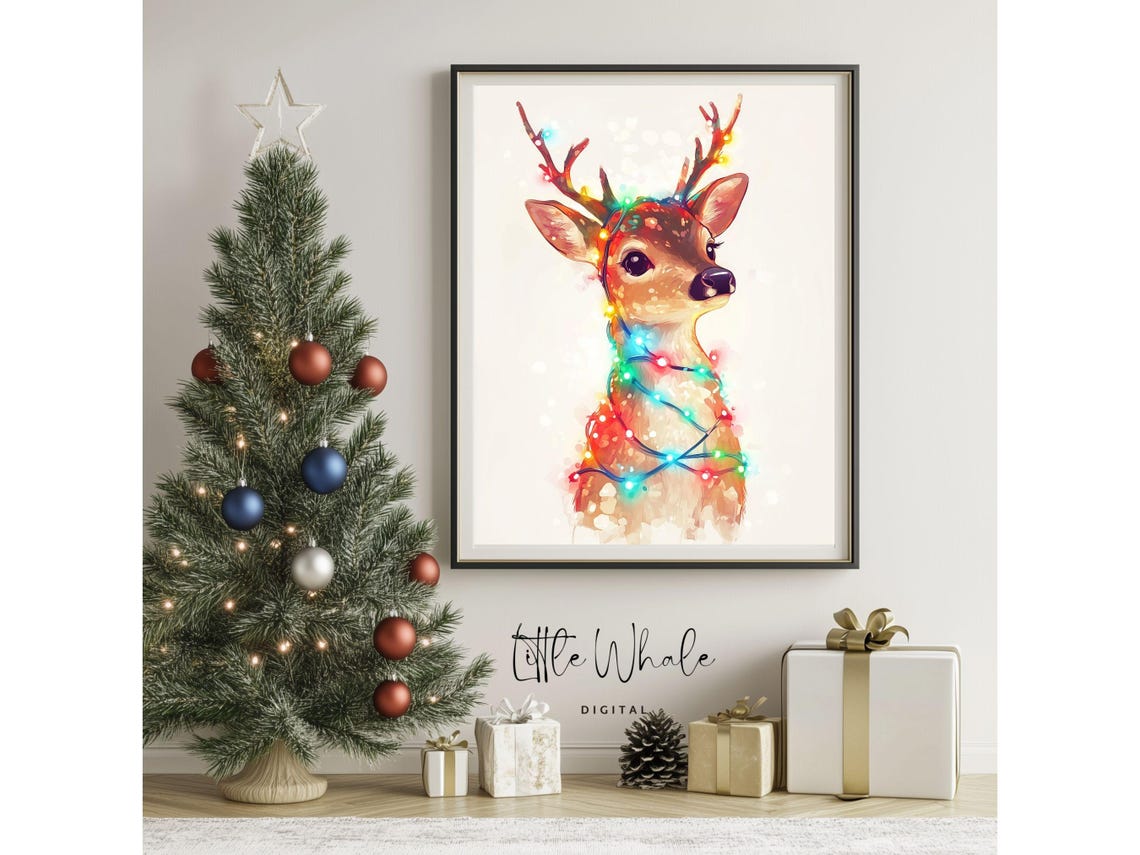 Watercolor Reindeer Wrapped In Christmas Lights Holiday Poster - Image 3