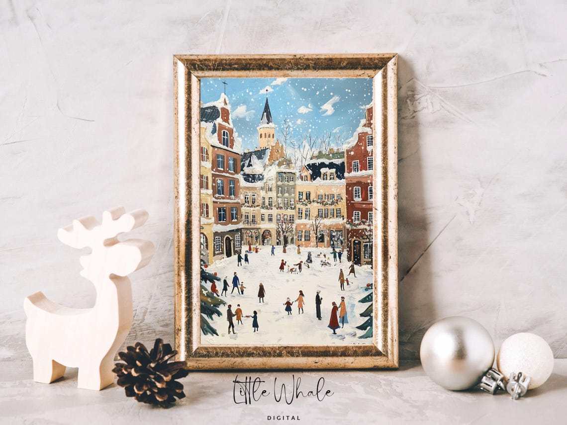 Snowy Old Town Square with Church Tower and Christmas Crowds Poster - Image 2