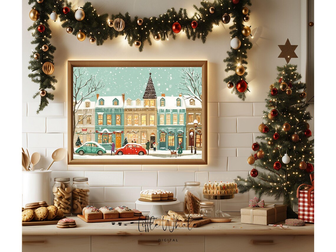 Snowy Shop Row with Vintage Cars Garlands and a Little Reindeer Poster - Image 3