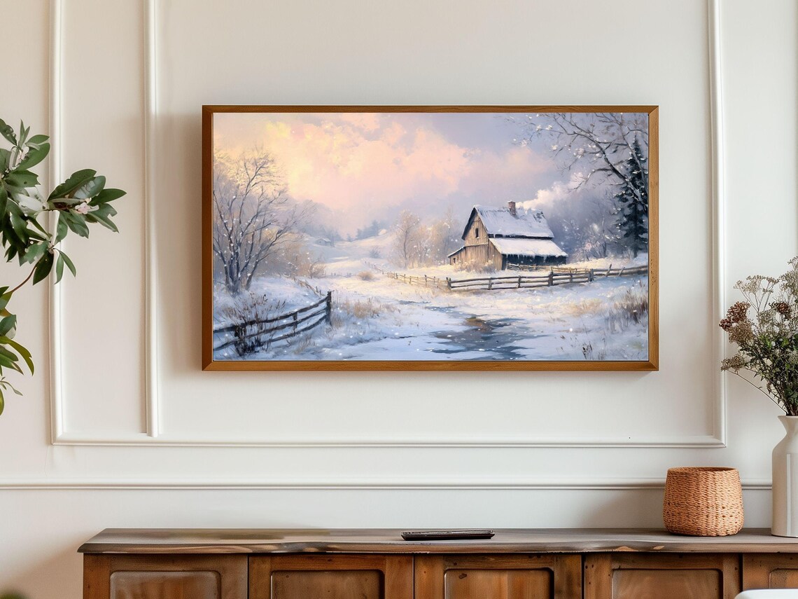 Snow Covered Farmhouse With Wooden Fence Peaceful Winter Poster