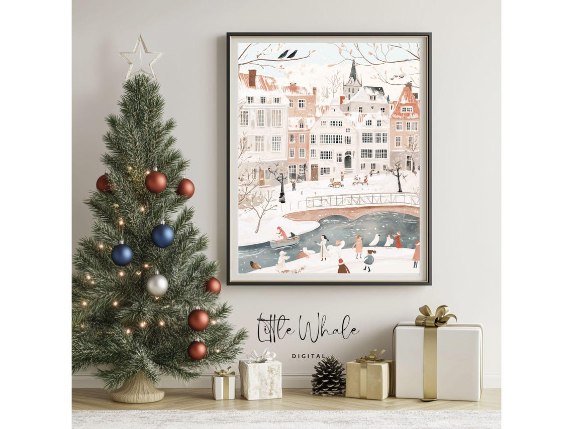 Snowy Canal Town With Old Bridge And Church Winter Scene Poster - Image 3