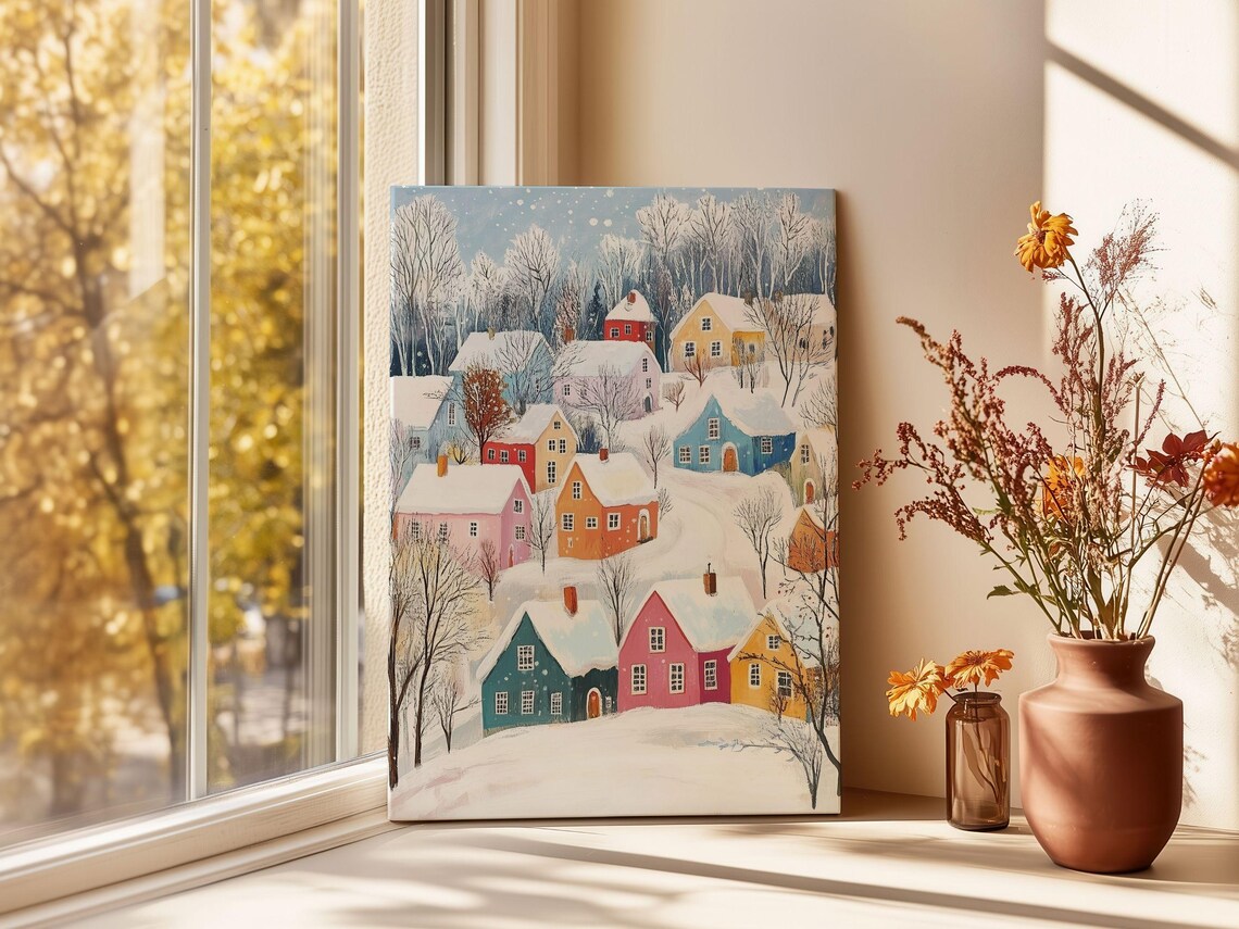 Cozy Pastel Snowy Village Colorful Houses Winter Hillside Poster