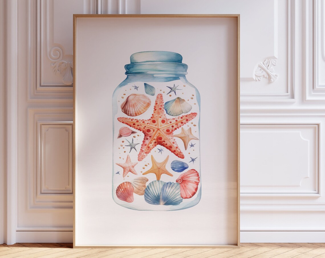 Watercolor Seashells in a Glass Jar Coastal Starfish Wall Art - Image 2