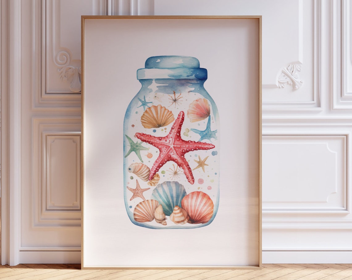 Watercolor Coral Starfish And Shells In Wide Mason Jar Poster - Image 2