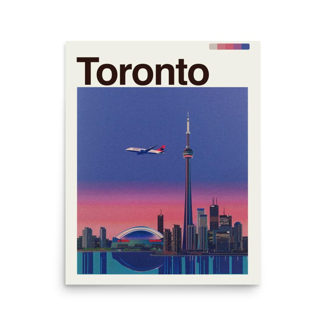 Toronto Sunset Skyline with CN Tower and Airplane Travel Poster