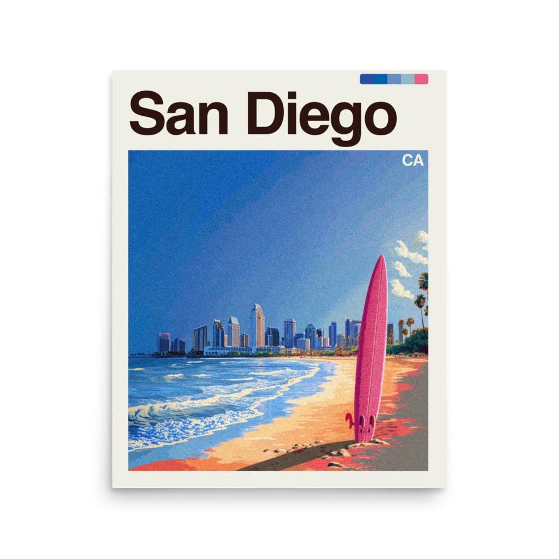 San Diego California Beach Pink Surfboard Daytime Travel Poster