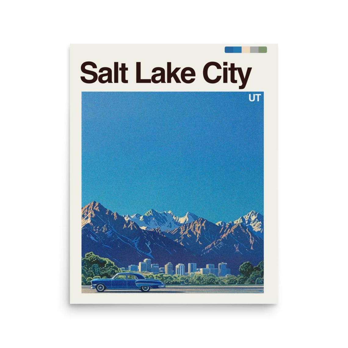 Salt Lake City UT Mountain Skyline with Vintage Blue Car Poster
