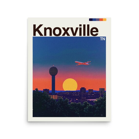 Knoxville TN Sunset Skyline with Sunsphere and Airplane Poster