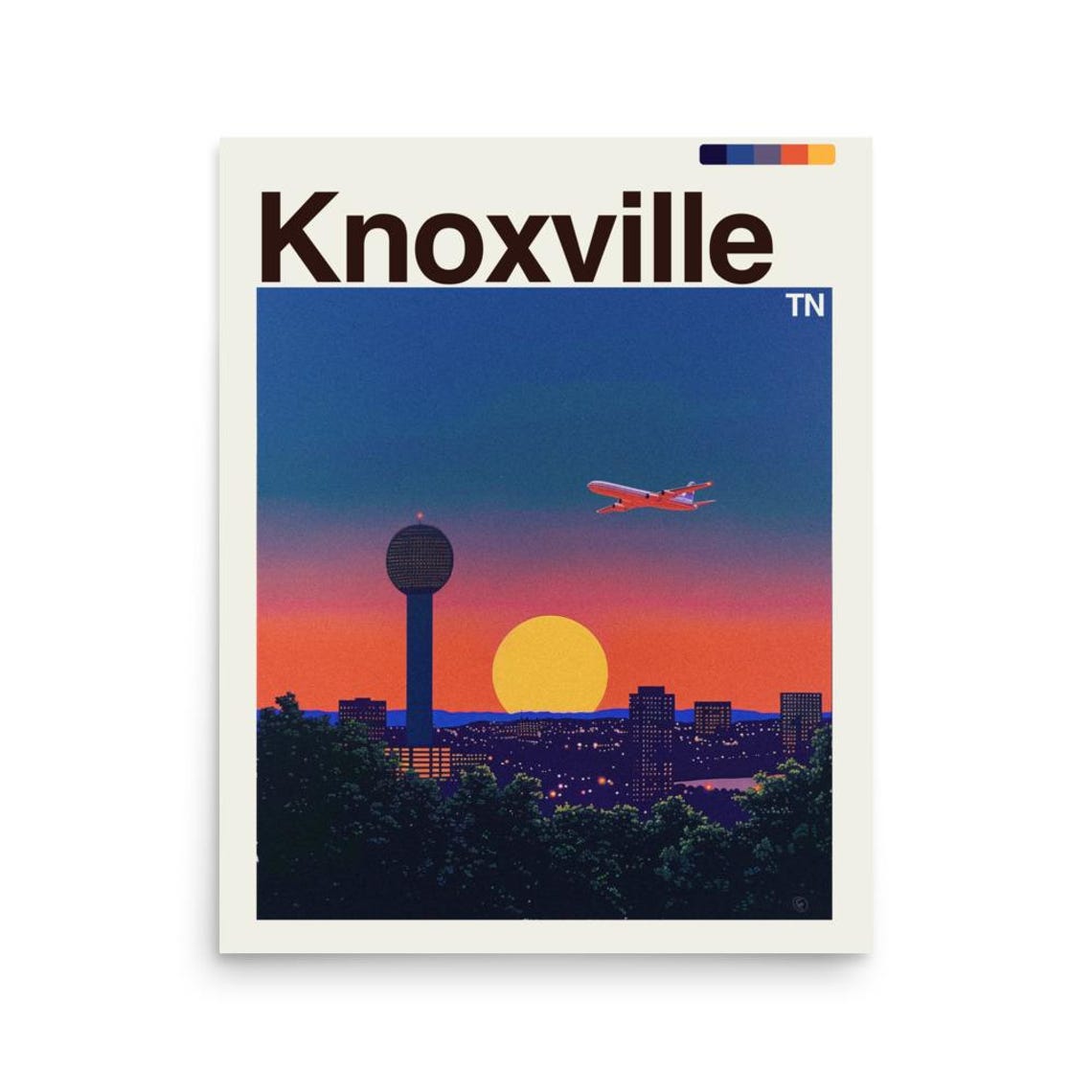 Knoxville TN Sunset Skyline with Sunsphere and Airplane Poster