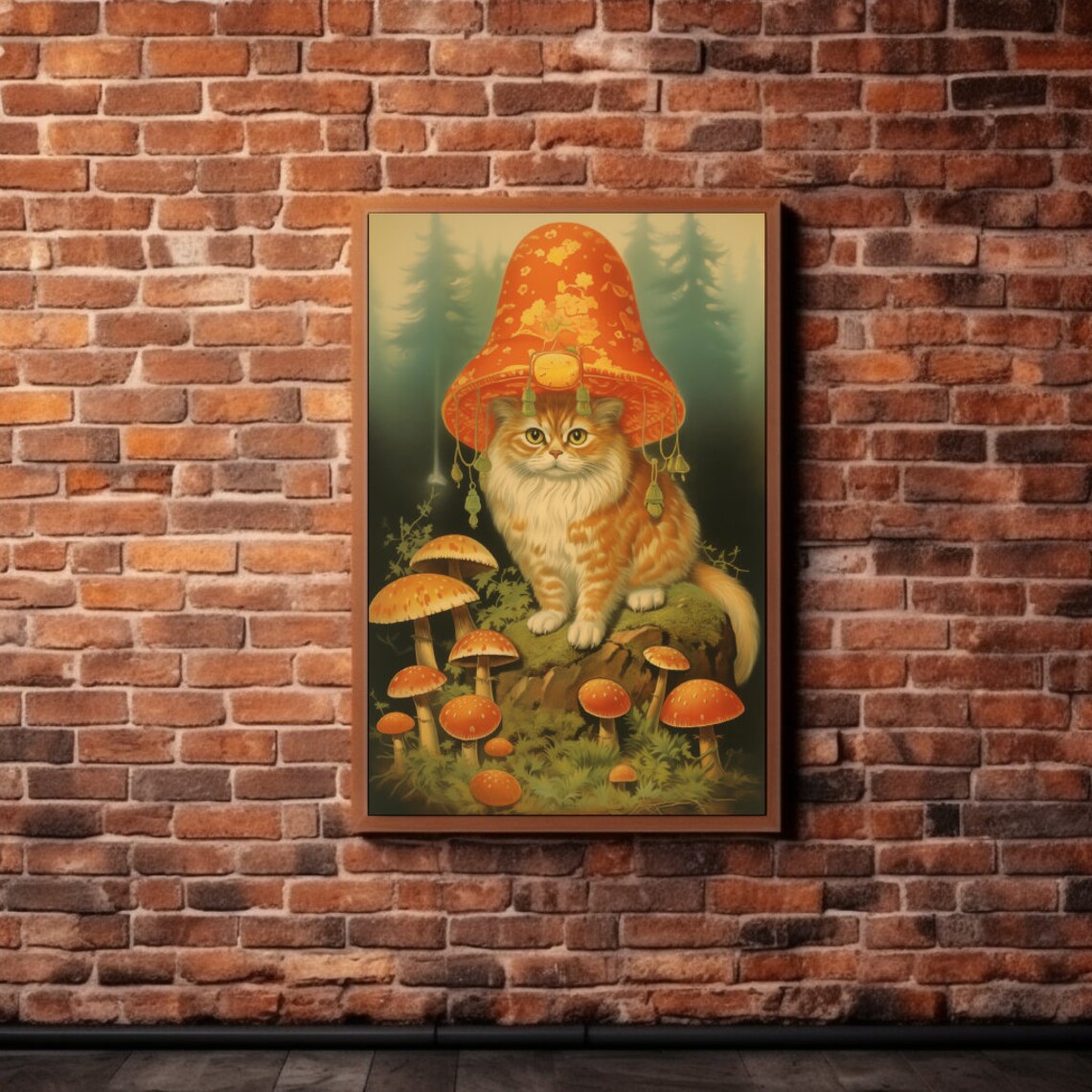 Ginger Cat Wearing a Mushroom Hat in the Forest Funny Poster - Image 5