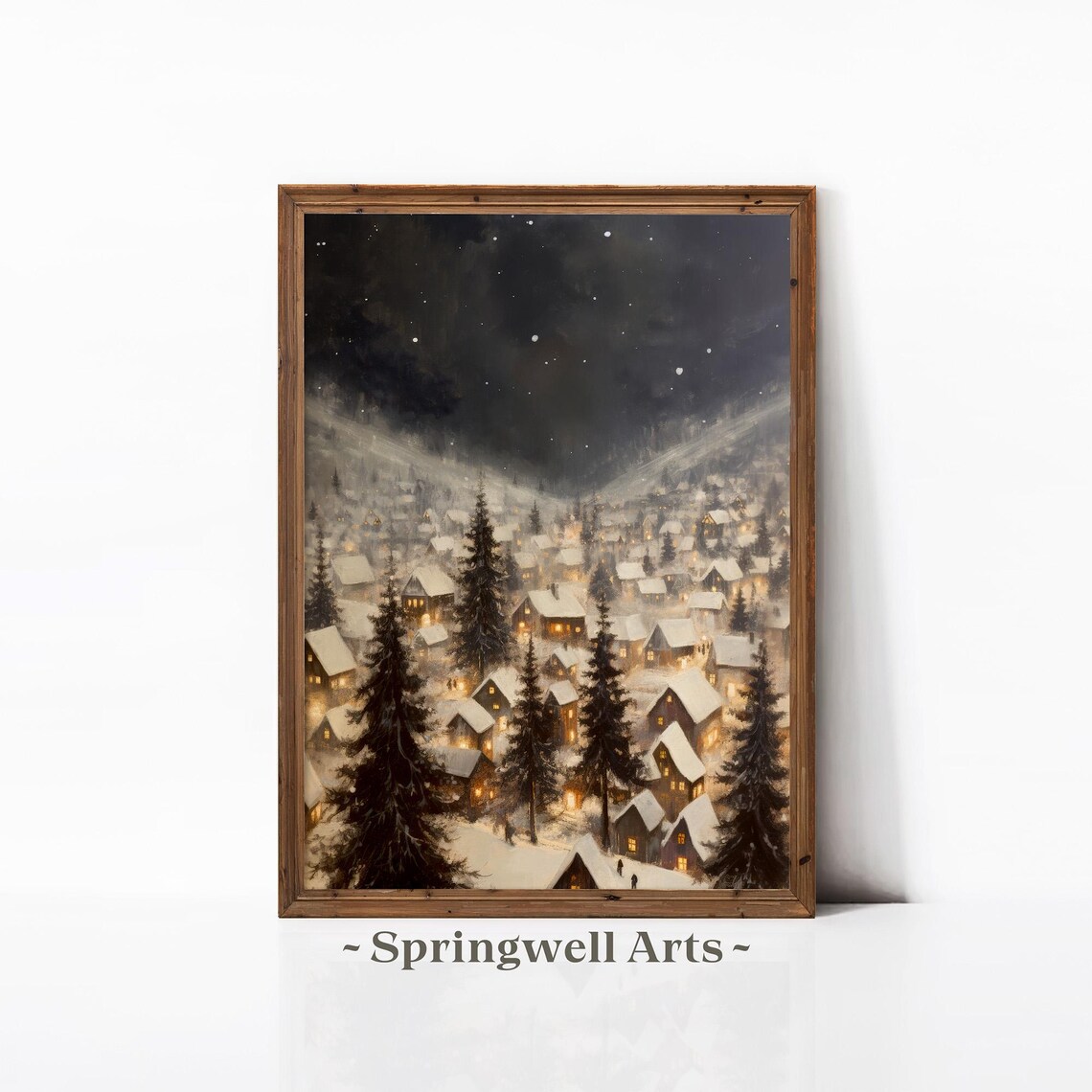 Snowy Winter Village Night Glowing Windows Pine Trees Art Poster