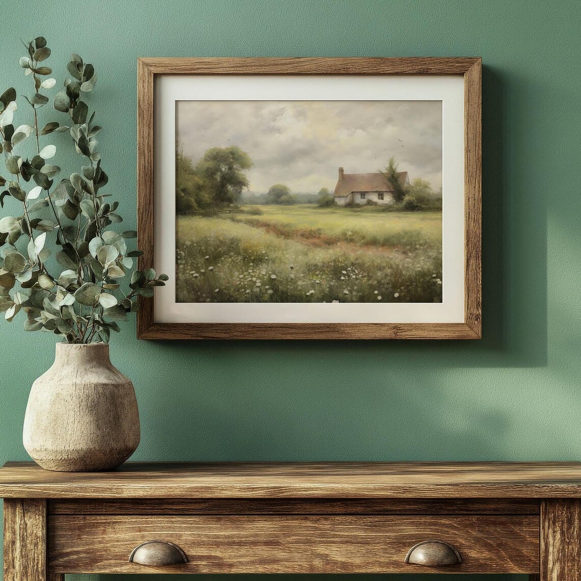 White Farmhouse Daisy Meadow Serene Country Cottage Landscape Poster - Image 4