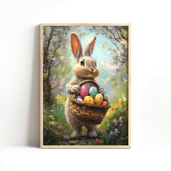 Cute Easter Bunny Print Easter Basket Painting Easter Egg Art Nursery Decor Wall Art Instant Spring Rabbit Poster