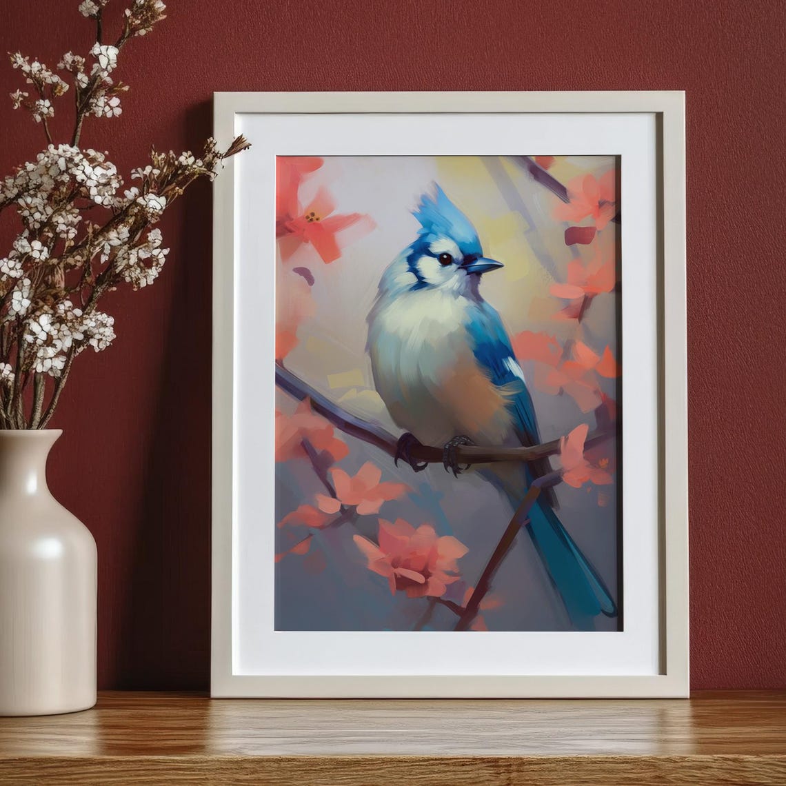 Blue Jay Bird Coral Blossom Branch Charming Spring Bird Art Poster - Image 3