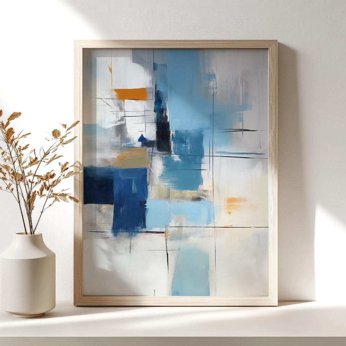 Blue White Abstract With Orange Accent Modern Minimalist Art Poster - Image 2