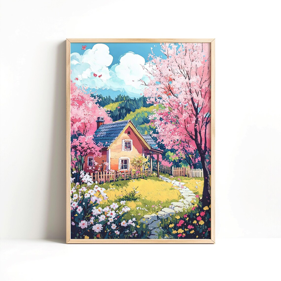 Spring Farmhouse Cottage Cherry Blossom Trees Painting Country Home Wall Art