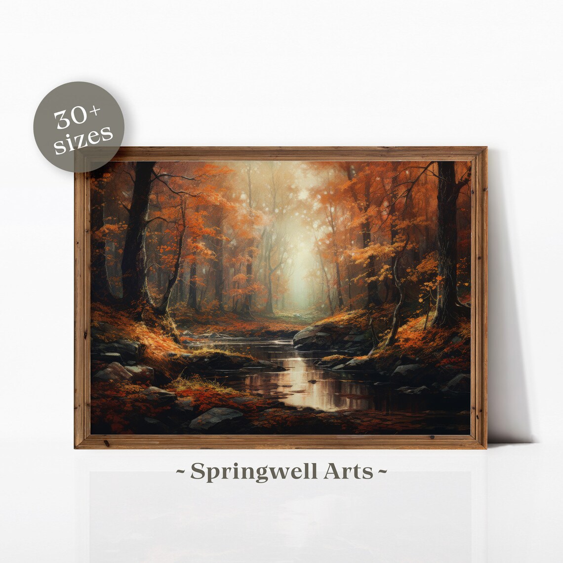 Vintage Autumn Forest Stream Art Print, Fall Landscape
