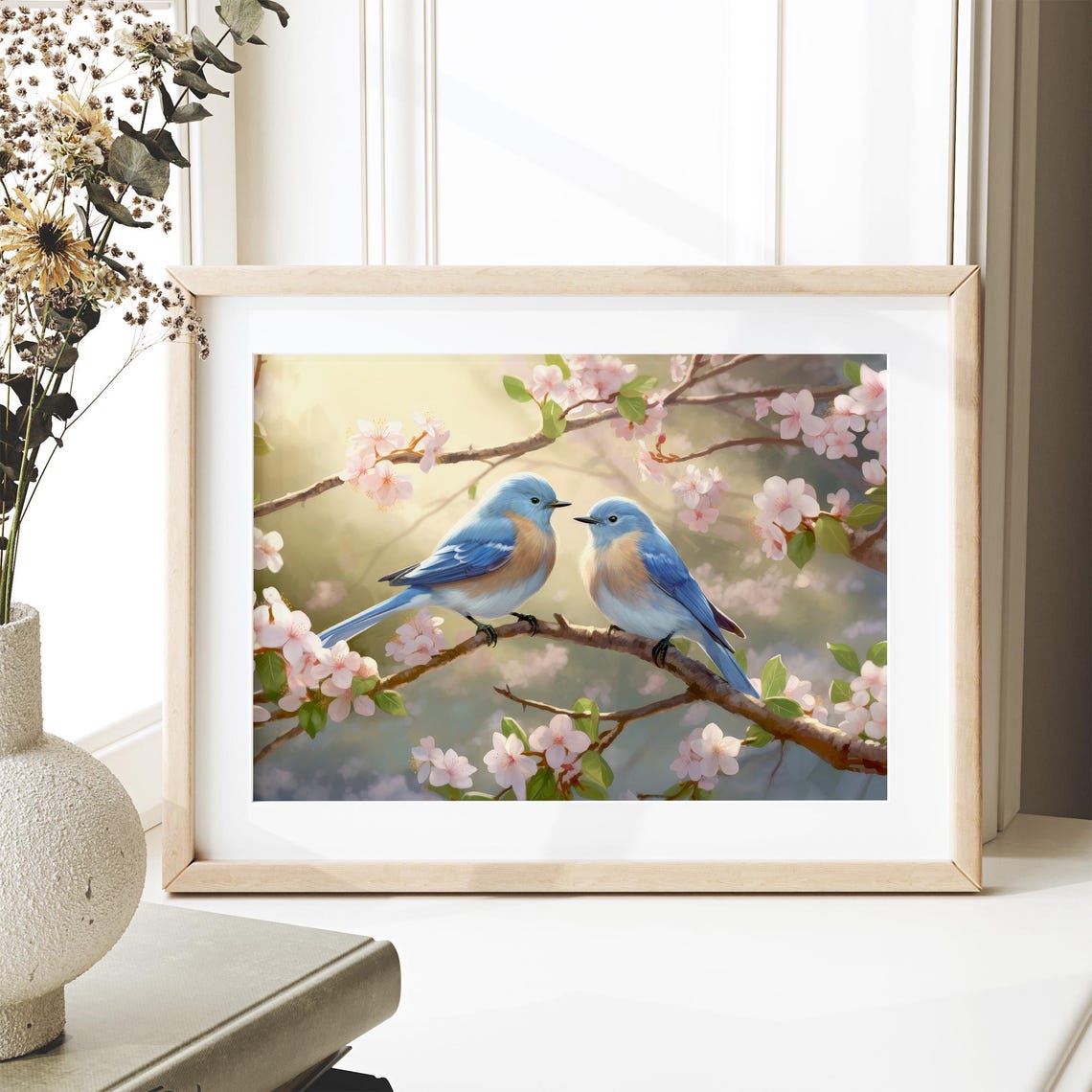 Two Bluebirds On Cherry Blossom Branch Romantic Spring Birds Poster - Image 2