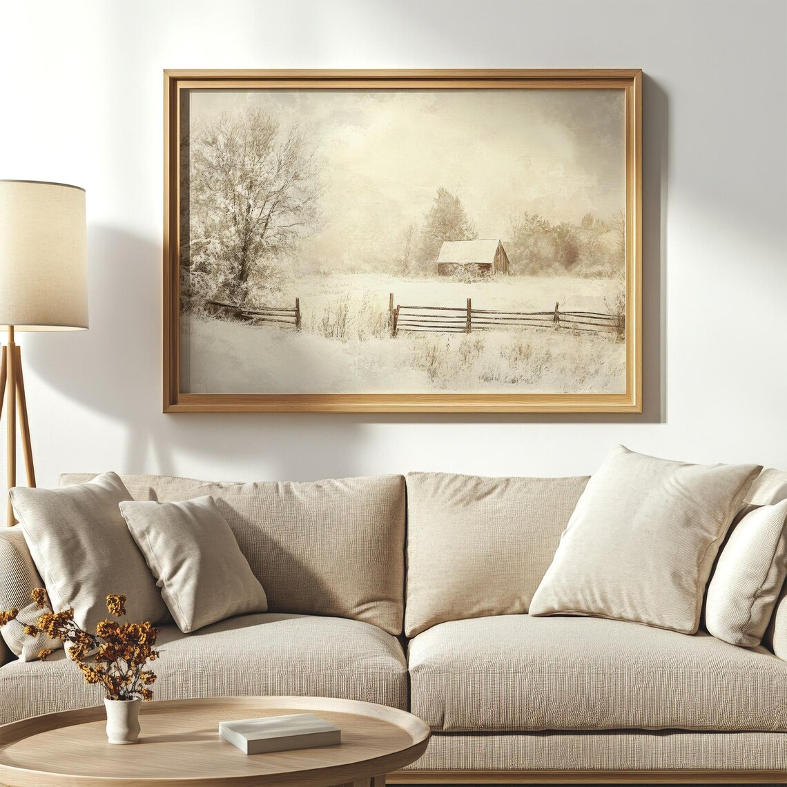 Sepia Winter Farm Barn Snowy Fence Vintage Rustic Countryside Poster - Image 3