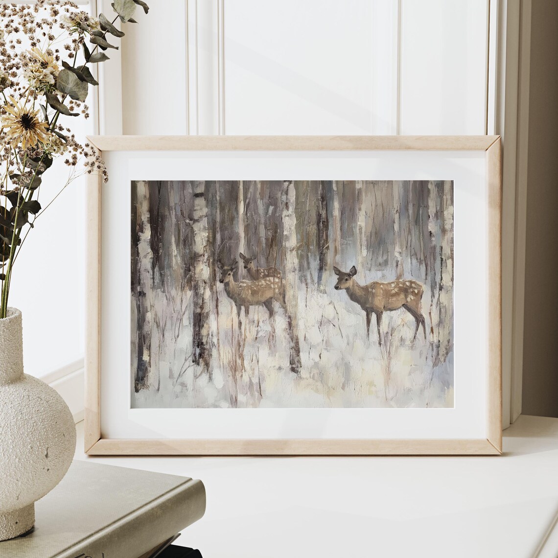 Deer Herd Snowy Birch Forest Vintage Woodland Winter Scene Poster - Image 3