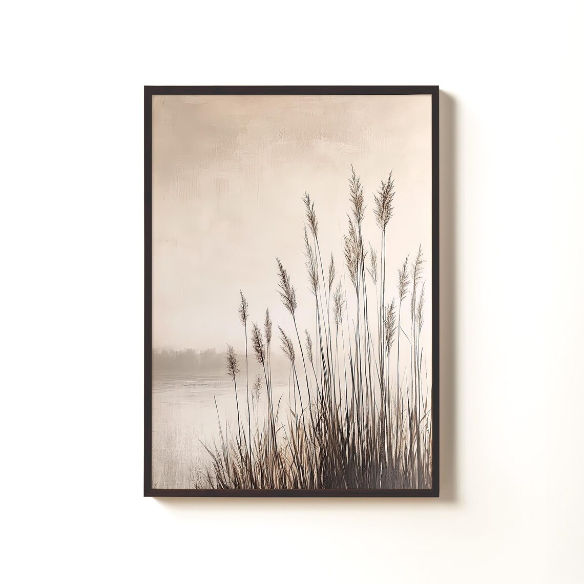 Beige Coastal Grass Lake Landscape Painting Monochrome Minimalist Wall Art