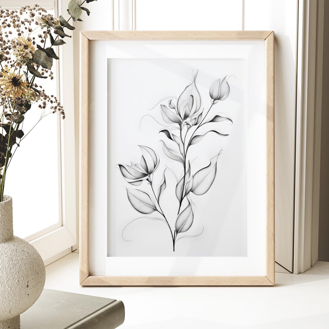 Black And White Botanical Line Drawing Minimalist Floral Ink Poster - Image 3