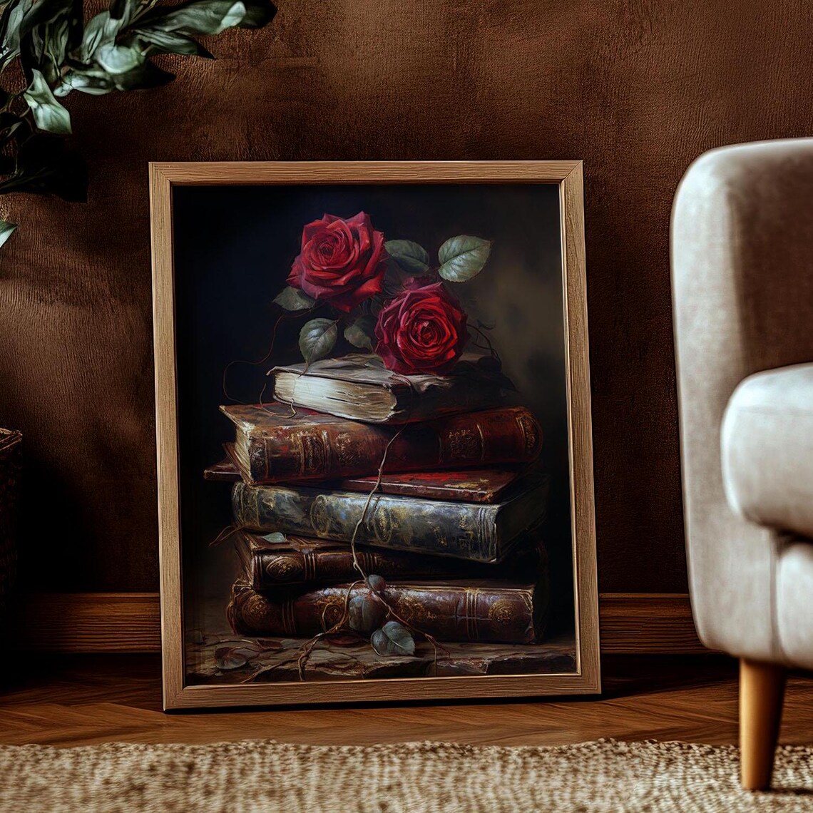 Twin Red Roses Antique Book Stack Moody Vintage Rose Art Poster - Image 3