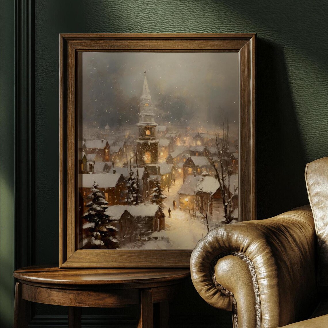 Snowy Christmas Town Church Steeple Night Glowing Village Art Poster - Image 2
