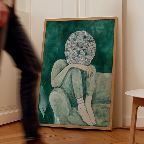 Surreal Mosaic Face Art Print Abstract Seated Figure Painting Reflective Self Discovery Artwork Green And Neutral Home Decor