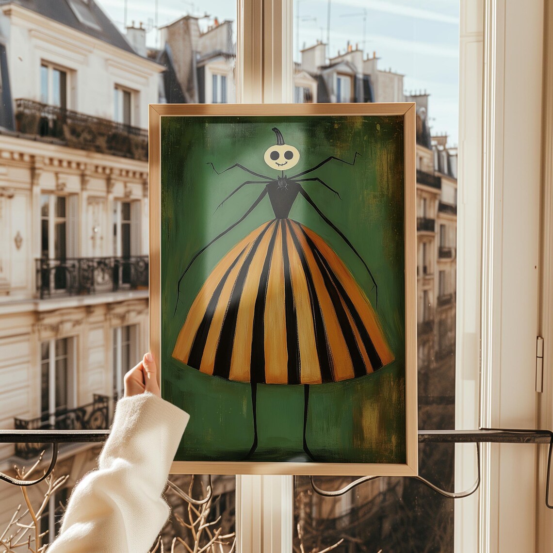 Quirky Striped Pumpkin Face Spider Lady Halloween Art Poster - Image 2