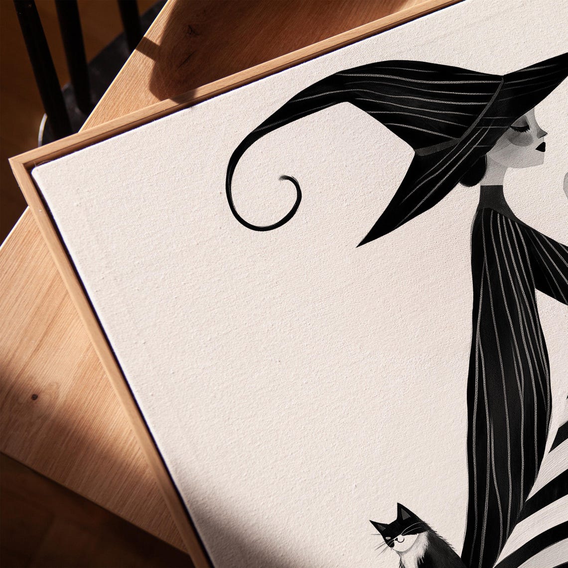 Minimalist Black and White Witch with Cat Illustration Poster - Image 4