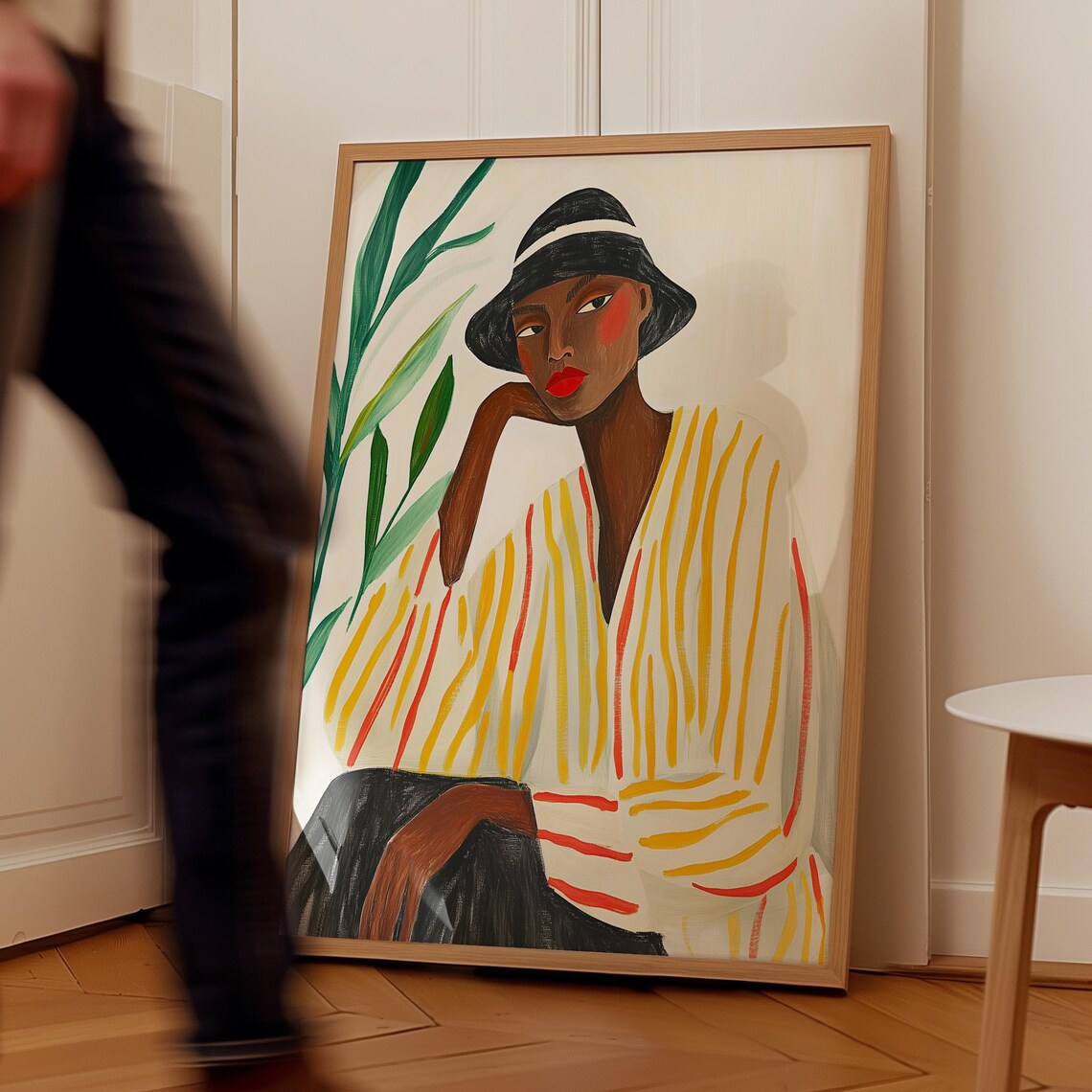 Woman in Black Hat and Striped Blouse Botanical Fashion Poster - Image 2