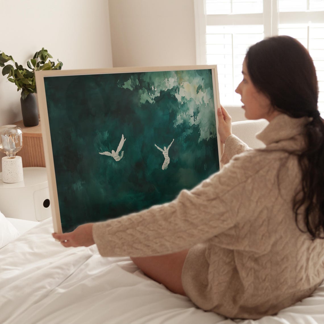 Emerald Green Abstract People Illustration Contemporary Art Minimalist Clouds Wall Decor Modern Floating Figures Artwork - Image 3