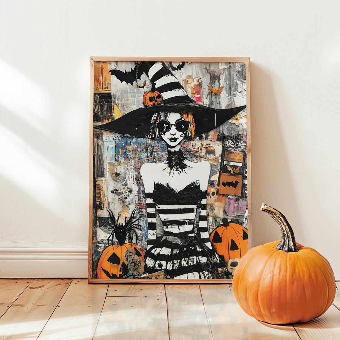 Gothic Witch With Sunglasses Orange Newspaper Collage Halloween Poster