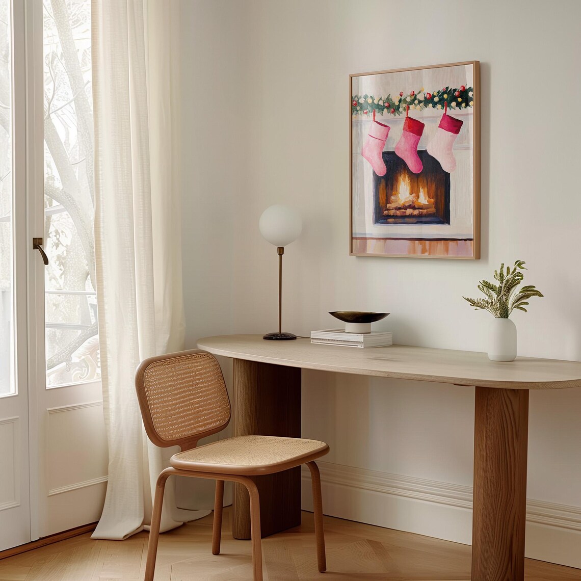 Cozy Christmas Fireplace With Pink Stockings and Garland Poster - Image 3